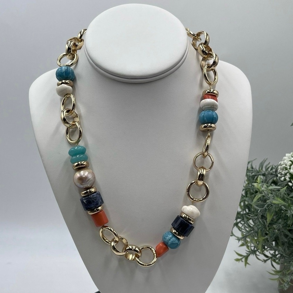 Dannijo Multi Pearl Multi Color Beads Sodalite Quartz Gold Plated Chain Necklace